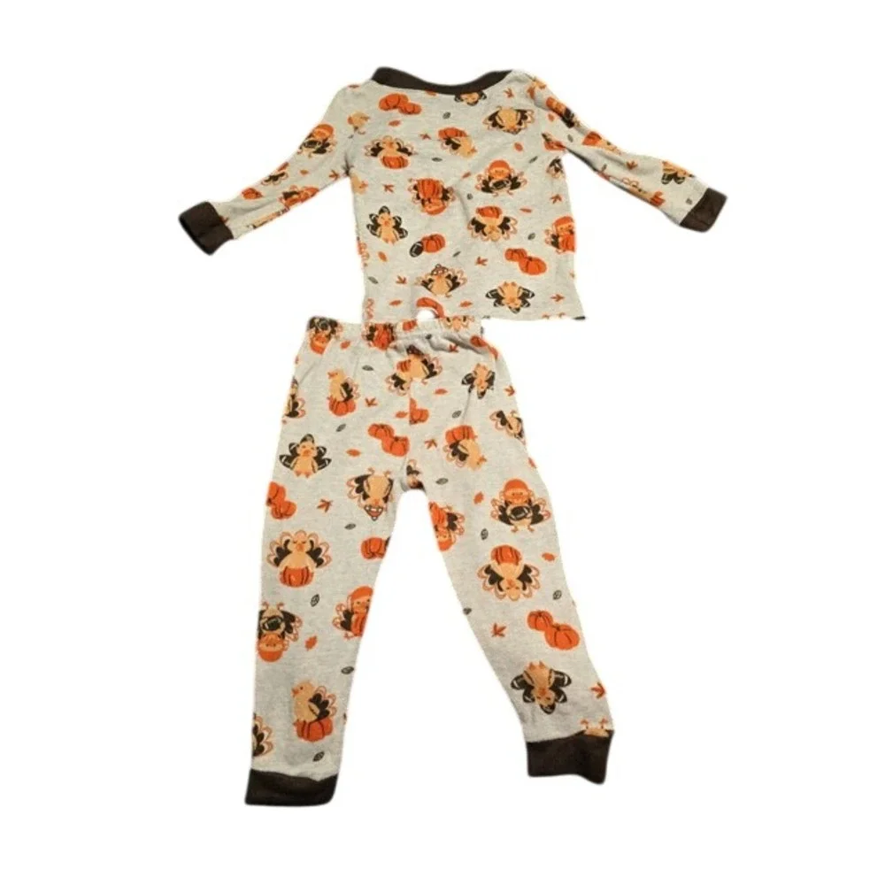 Thanksgiving Pajama Set Kids Toddler Turkey Pumpkin Football Gray Brown 2 Piece